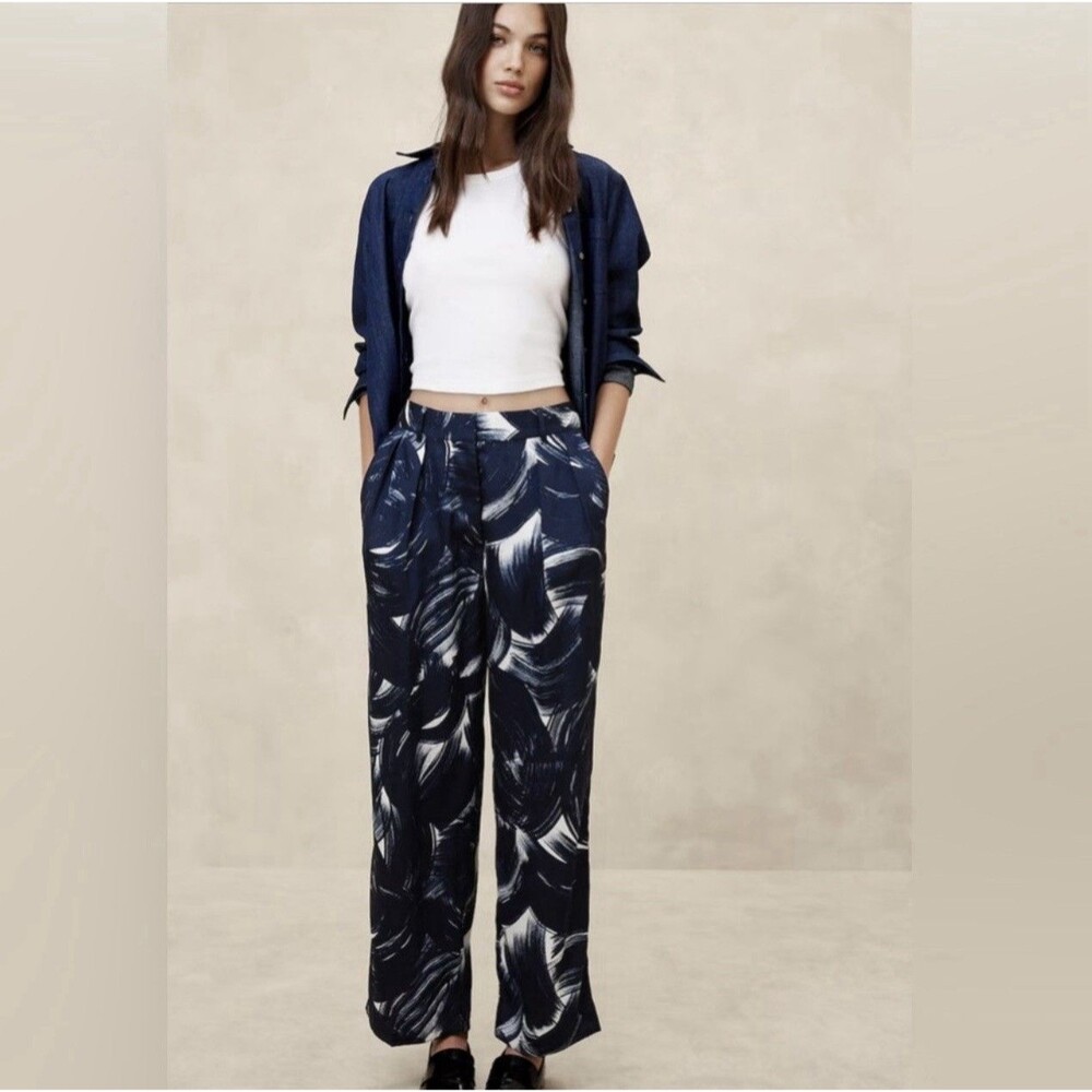 Banana Republic Brush Stroke Print Blue Relaxed Trouser Wide Leg Pants Sz 8 NWT - Picture 5 of 13